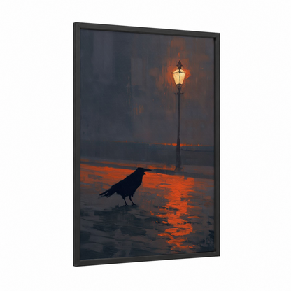 Solitary Raven framed crows and ravens print — black wood frame — orange and dark blue palette