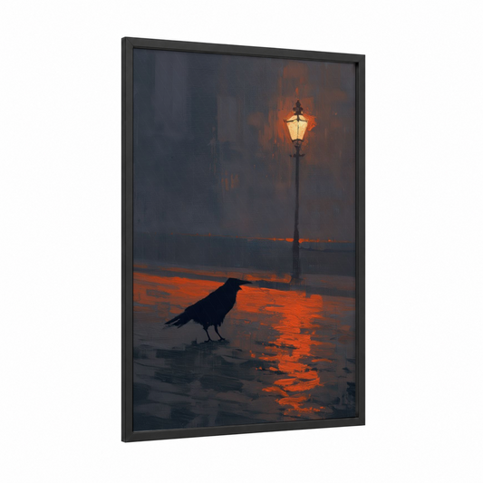 Solitary Raven framed crows and ravens print — black wood frame — orange and dark blue palette