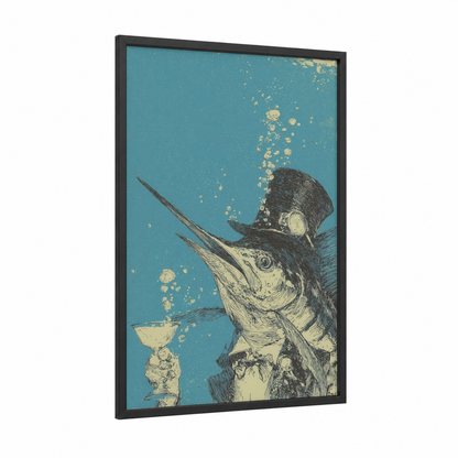 Bubbling Marlin framed art print — black wood frame — teal and gold palette