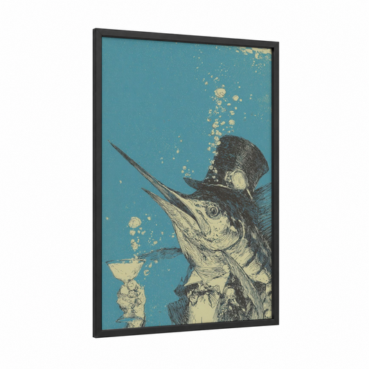 Bubbling Marlin framed art print — black wood frame — teal and gold palette