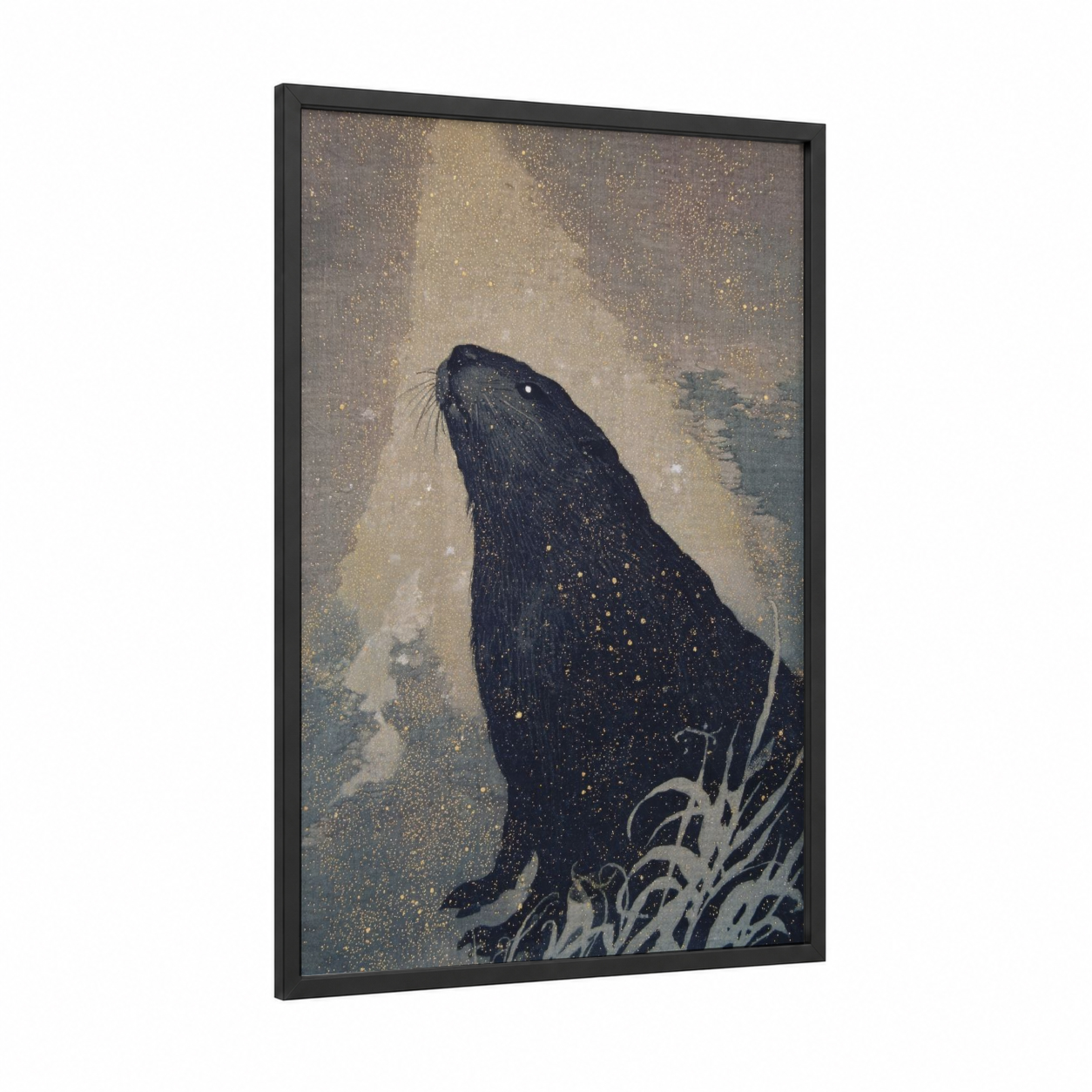 Mystical Beaver framed art print — black wood frame — cream and sage green palette