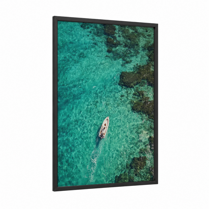 Tropical Parasailing framed art print — black wood frame — turquoise and teal palette