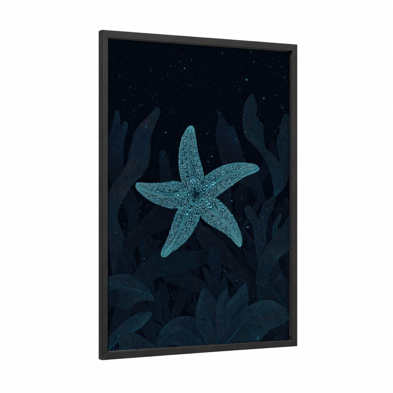 Luminescent Starfish framed art print — black wood frame — dark blue and turquoise palette