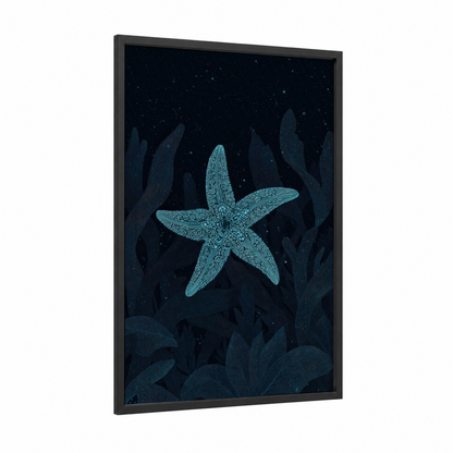 Luminescent Starfish framed art print — black wood frame — dark blue and turquoise palette