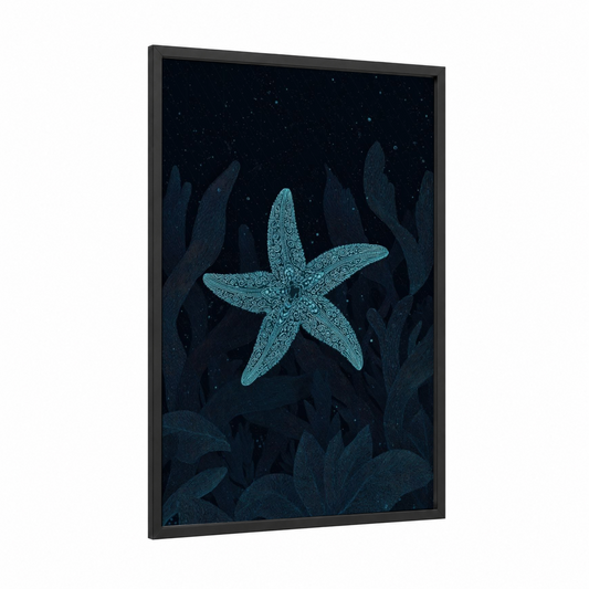 Luminescent Starfish framed art print — black wood frame — dark blue and turquoise palette
