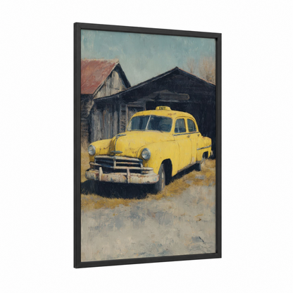 Vintage Yellow Taxi framed taxi cab print — black wood frame — yellow gold and gray and yellow palette