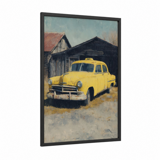 Vintage Yellow Taxi framed taxi cab print — black wood frame — yellow gold and gray and yellow palette