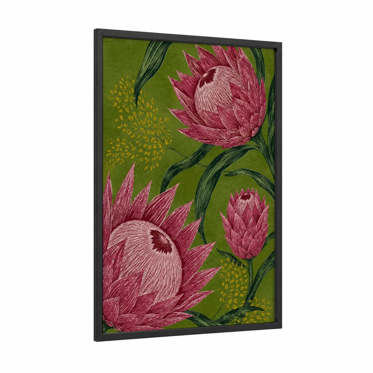 Pink Botanical Bloom Wall Art framed flower print — black wood frame — olive and pink palette