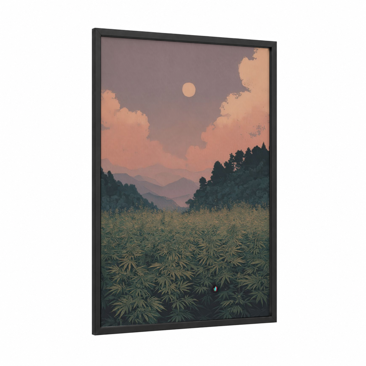 Moonlit Cannabis Field framed art print — black wood frame — peach and dark green palette