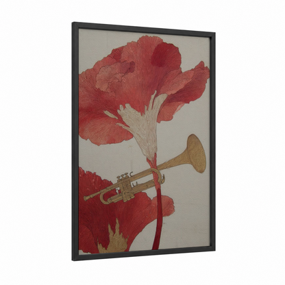 Floral Trumpet Harmony framed art print — black wood frame — red and gold palette