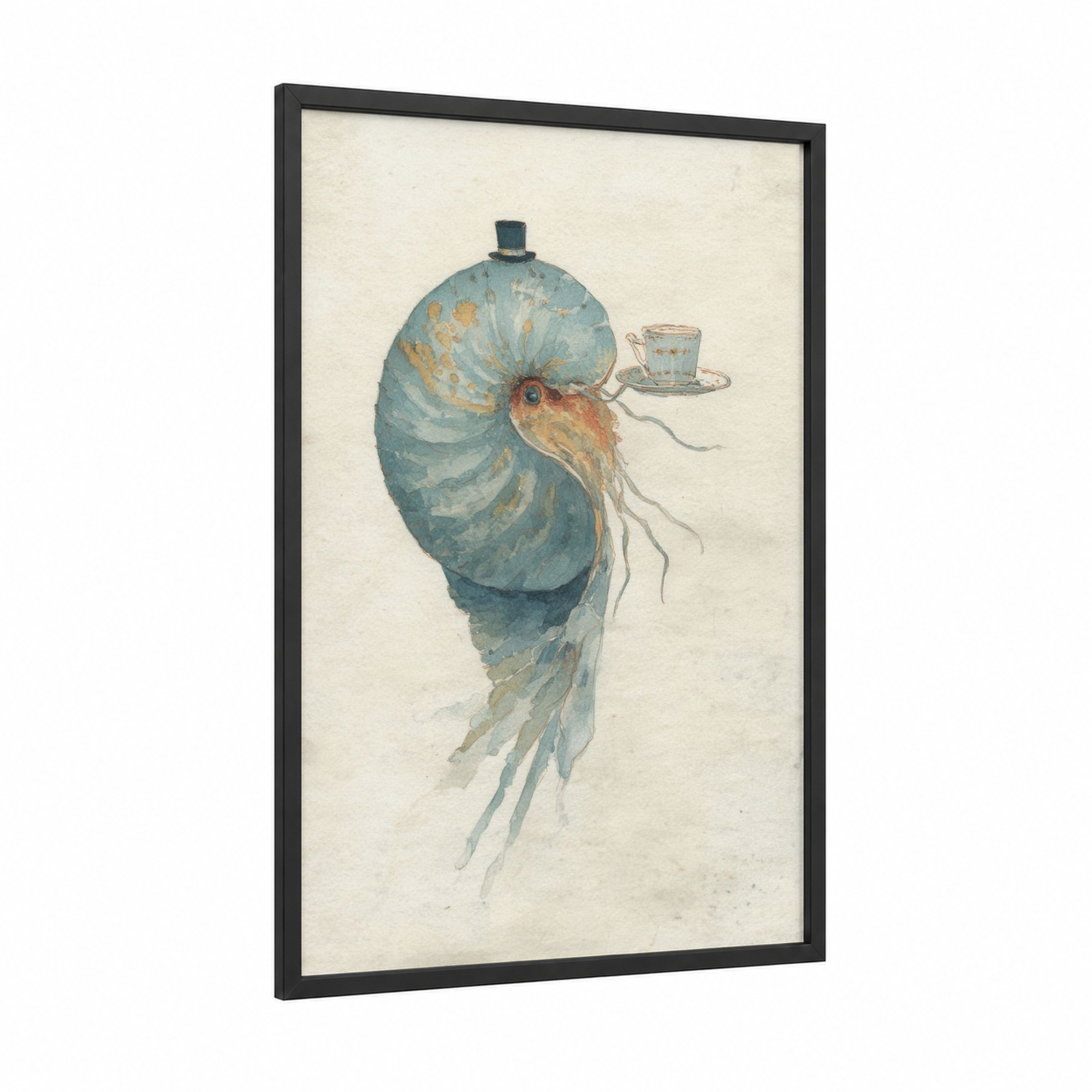 Gentleman Nautilus framed art print — black wood frame — teal and cream palette