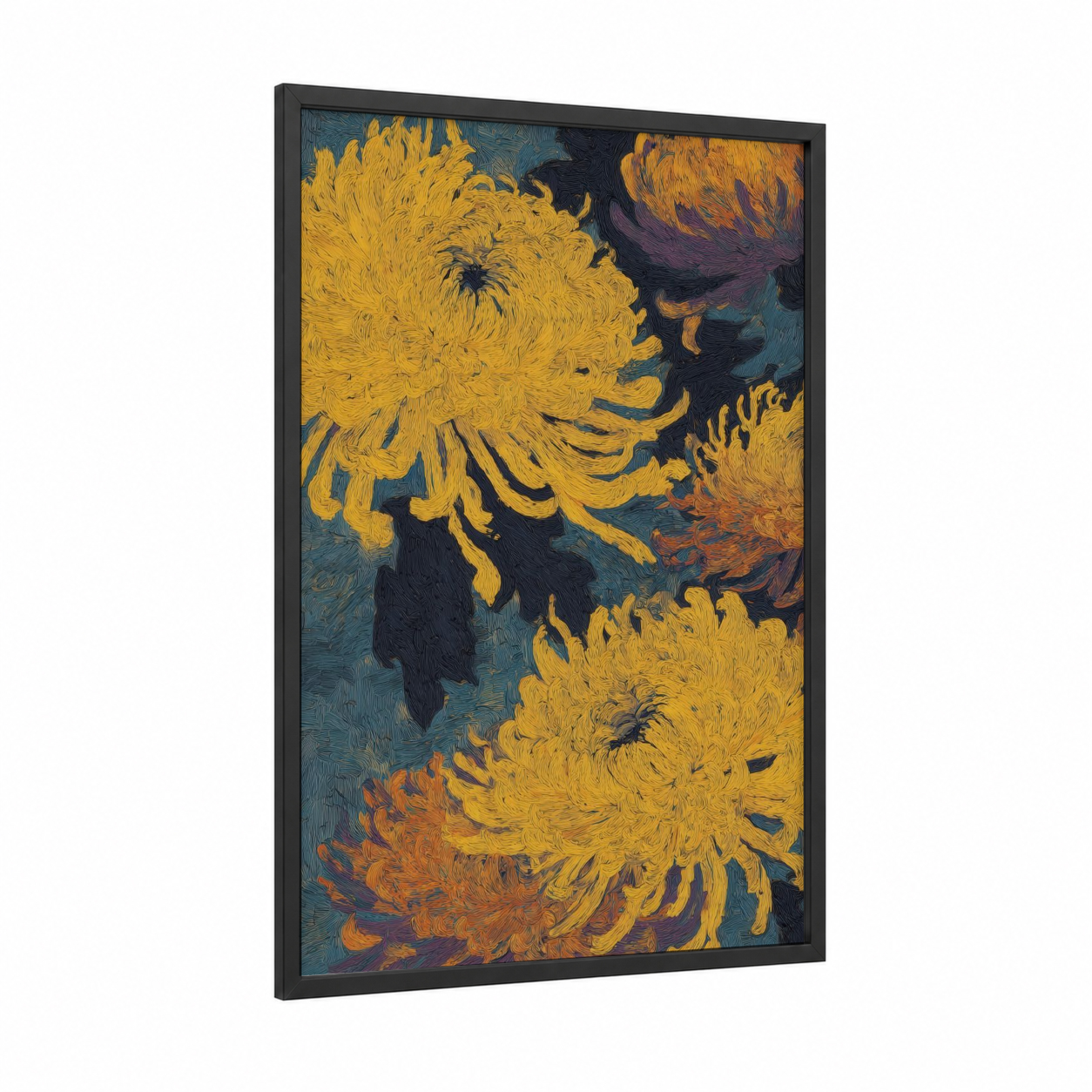 Golden Chrysanthemum framed art print — black wood frame — gold and teal palette