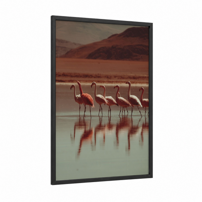 Desert Flamingos framed art print — black wood frame — russet and teal palette