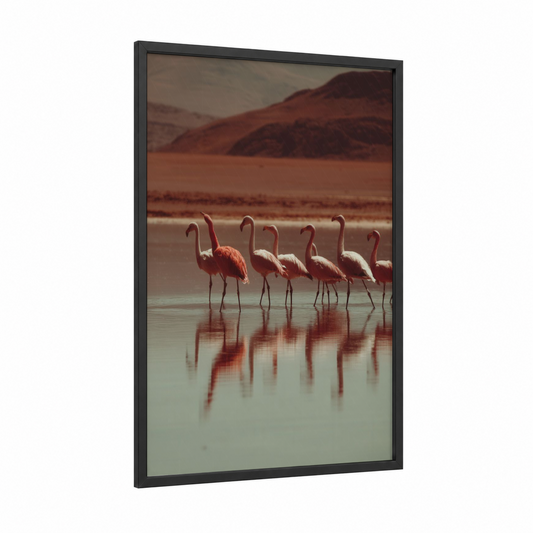 Desert Flamingos framed art print — black wood frame — russet and teal palette