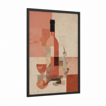 Rosé Wine Abstract framed rose wine print — black wood frame — salmon pink and cream palette