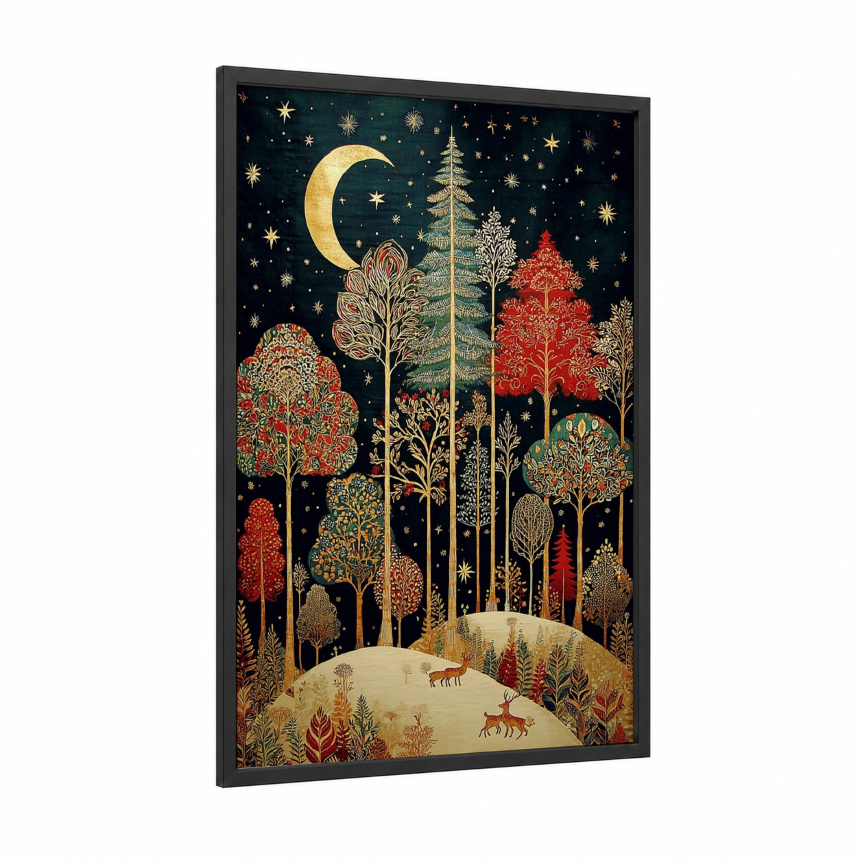 Enchanted Winter Forest framed art print — black wood frame — gold and red palette