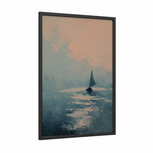 Misty Sailboat framed sailing print — black wood frame — peach and blue palette