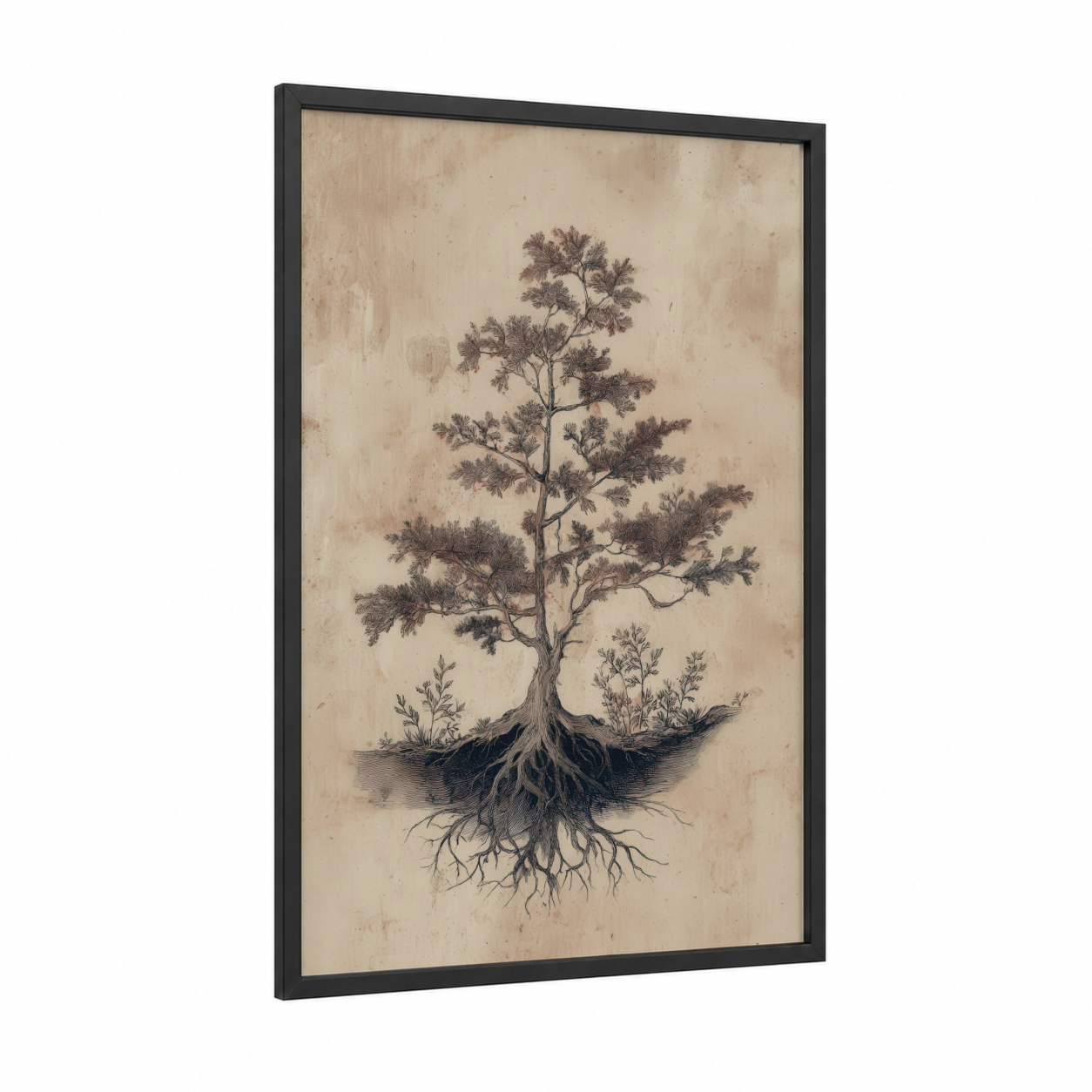 Ancient Cedar Roots framed cedar tree print — black wood frame — beige and brown palette