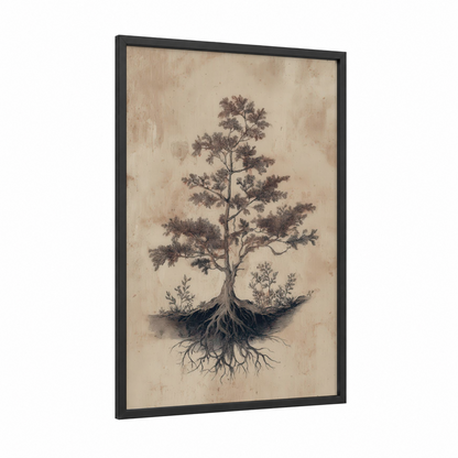 Ancient Cedar Roots framed cedar tree print — black wood frame — beige and brown palette
