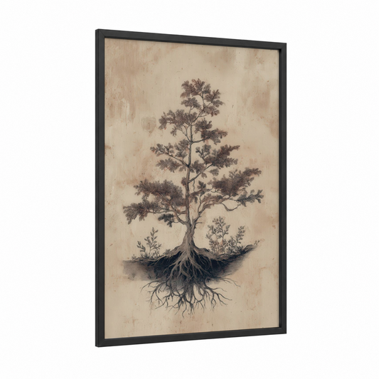 Ancient Cedar Roots framed cedar tree print — black wood frame — beige and brown palette