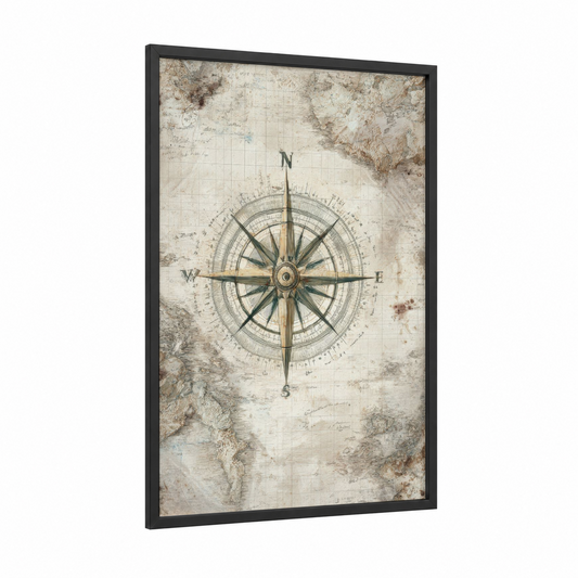 Vintage Compass Rose framed art print — black wood frame — cream and sage green palette