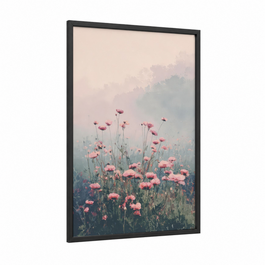 Misty Ranunculus Field framed art print — black wood frame — salmon pink and sage green palette