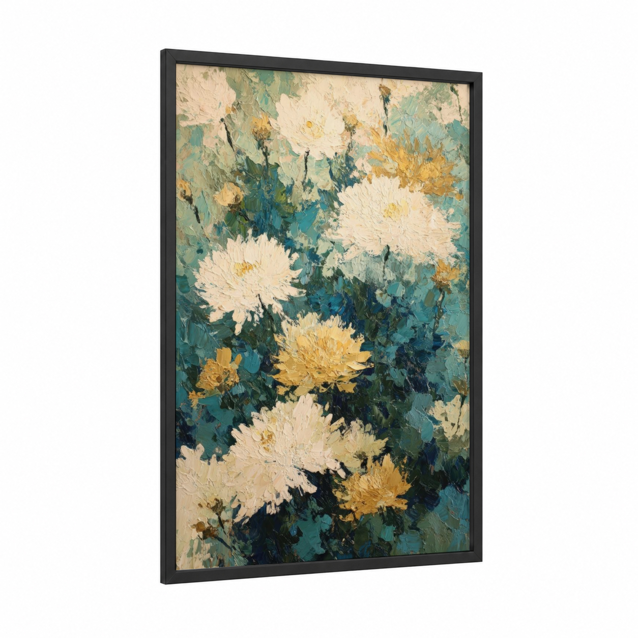 Teal Chrysanthemums framed art print — black wood frame — teal and gold palette