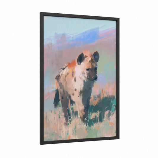 Savanna Hyena framed art print — black wood frame — peach and light green palette