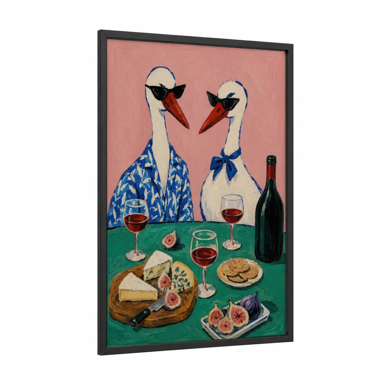 Stylish Swans Wine Tasting Wall Art framed art print — black wood frame — pink and blue palette