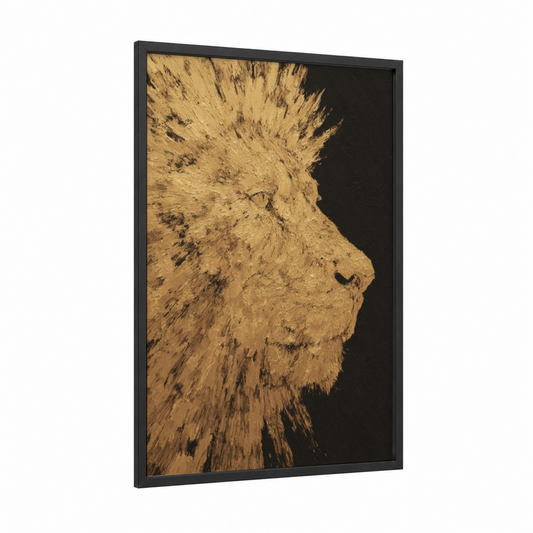 Golden Leo framed art print — black wood frame — gold and black palette