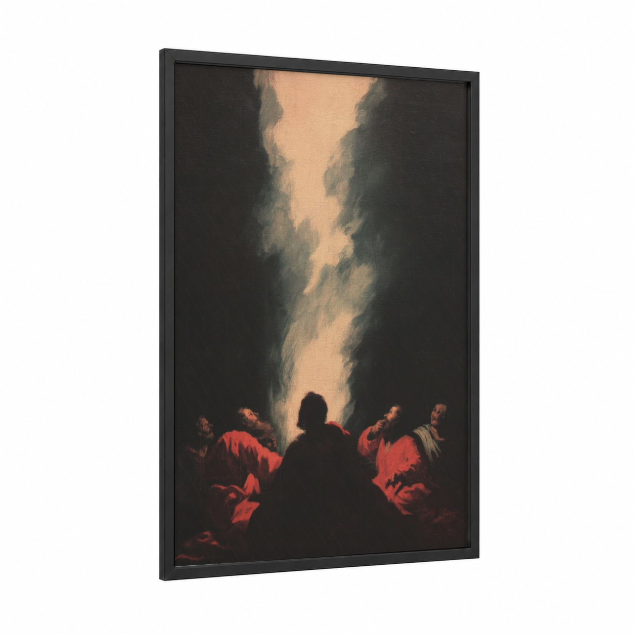 Divine Pentecost framed art print — black wood frame — gold and black palette