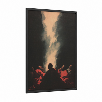 Divine Pentecost framed art print — black wood frame — gold and black palette