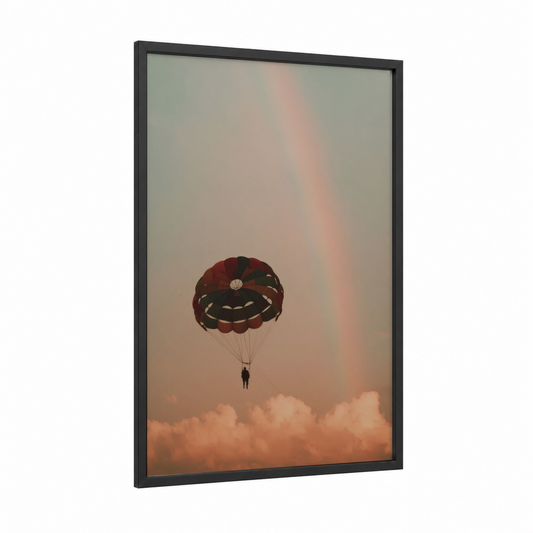 Sunset Parasailing framed art print — black wood frame — peach and rose gold palette