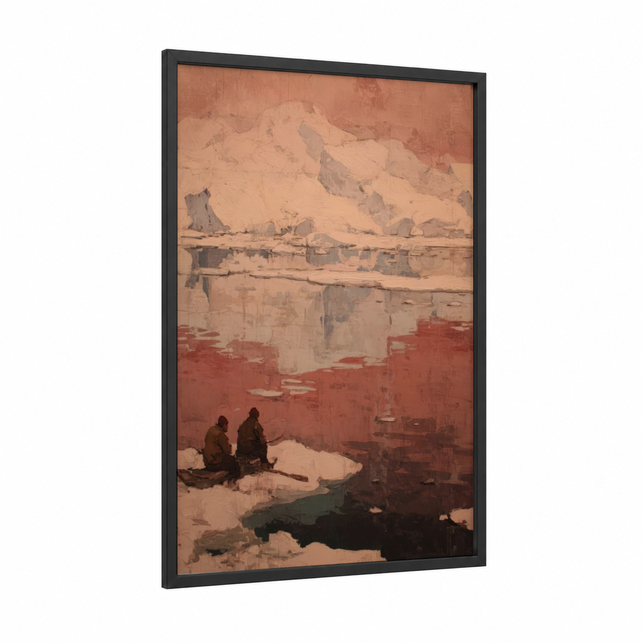Snowy Glacier Reflection framed art print — black wood frame — champagne gold and dove gray palette