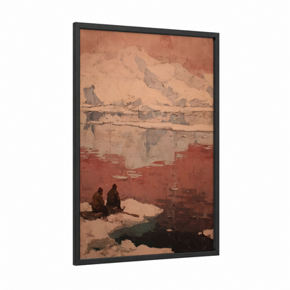 Snowy Glacier Reflection framed art print — black wood frame — champagne gold and dove gray palette