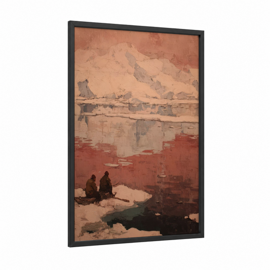 Snowy Glacier Reflection framed art print — black wood frame — champagne gold and dove gray palette
