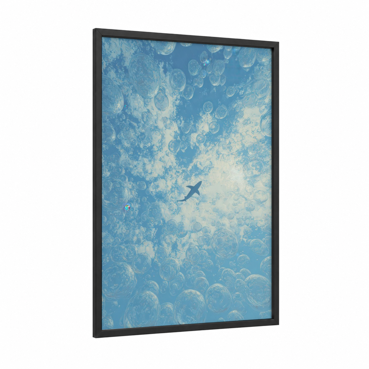 Azure Shark Descent framed blue shark print — black wood frame — blue and blue and white palette
