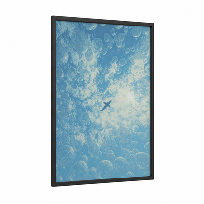 Azure Shark Descent framed blue shark print — black wood frame — blue and blue and white palette