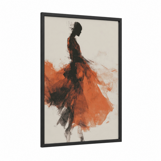 Crimson Silhouette framed fashion illustration print — black wood frame — pumpkin and black palette