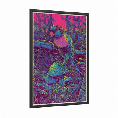Neon Lorikeet framed rainbow lorikeet print — black wood frame — magenta and blue palette