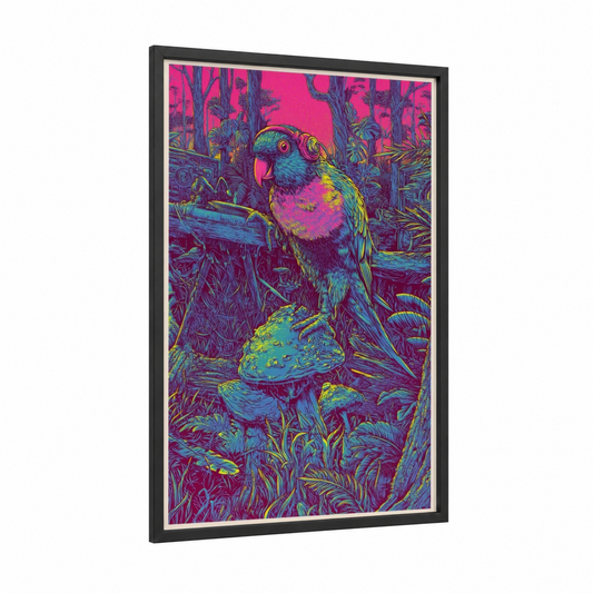 Neon Lorikeet framed rainbow lorikeet print — black wood frame — magenta and blue palette