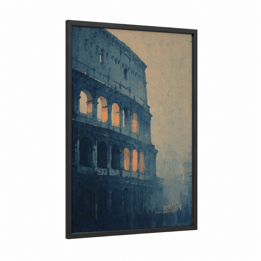 Ancient Colosseum framed art print — black wood frame — dark blue and gold and white palette
