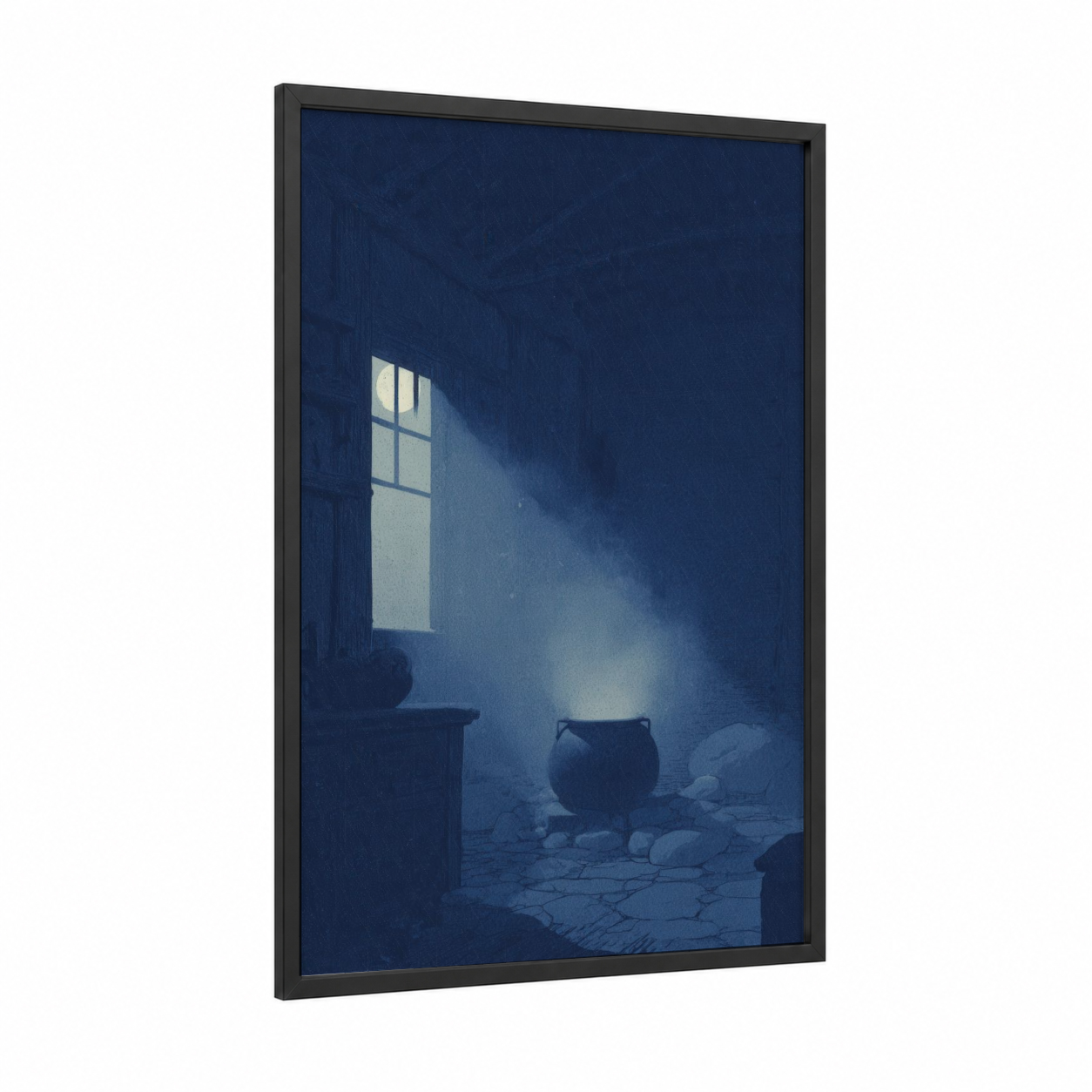 Mystical Cauldron framed magic and witchcraft print — black wood frame — dark blue and blue and white palette