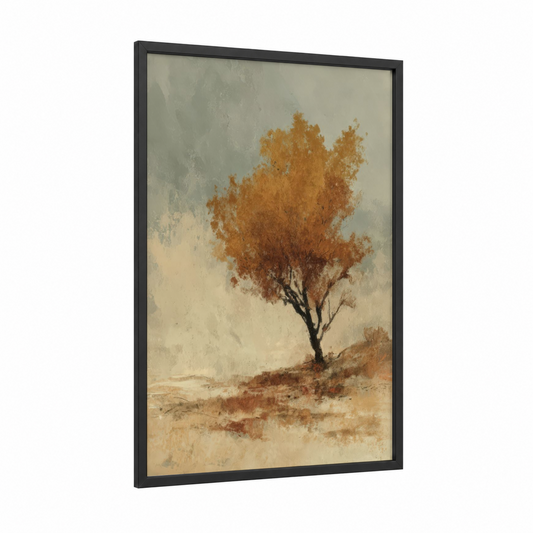 Solitary Desert Tree framed savanna and desert trees print — black wood frame — russet and beige palette