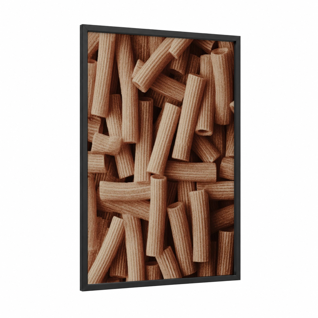 Wooden Pasta Stack framed art print — black wood frame — brown and gold palette