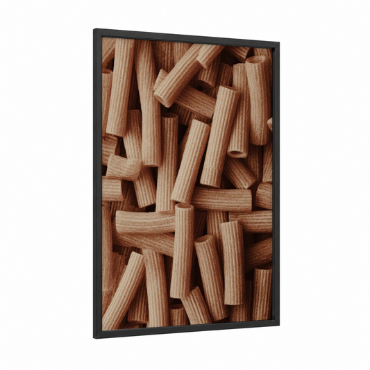 Wooden Pasta Stack framed art print — black wood frame — brown and gold palette