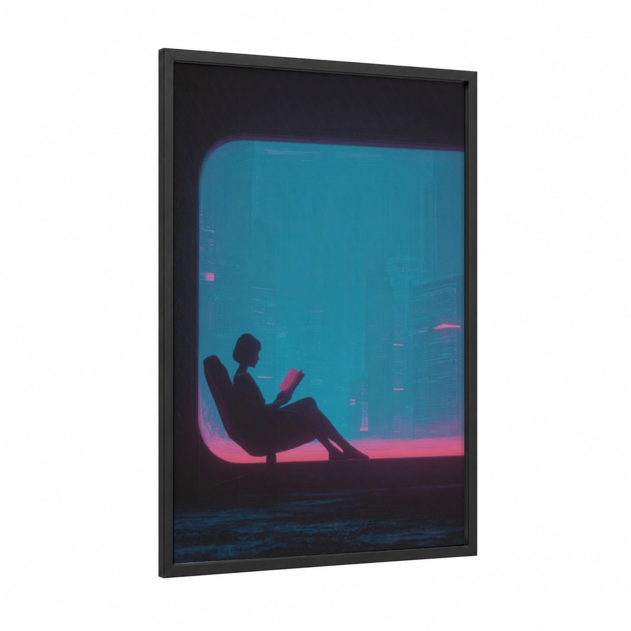 Neon Reader framed reading print — black wood frame — blue and magenta palette