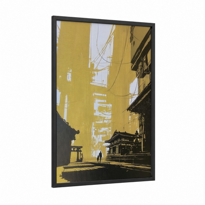 Golden Urban Passage framed abstract architecture print — black wood frame — yellow gold and black palette