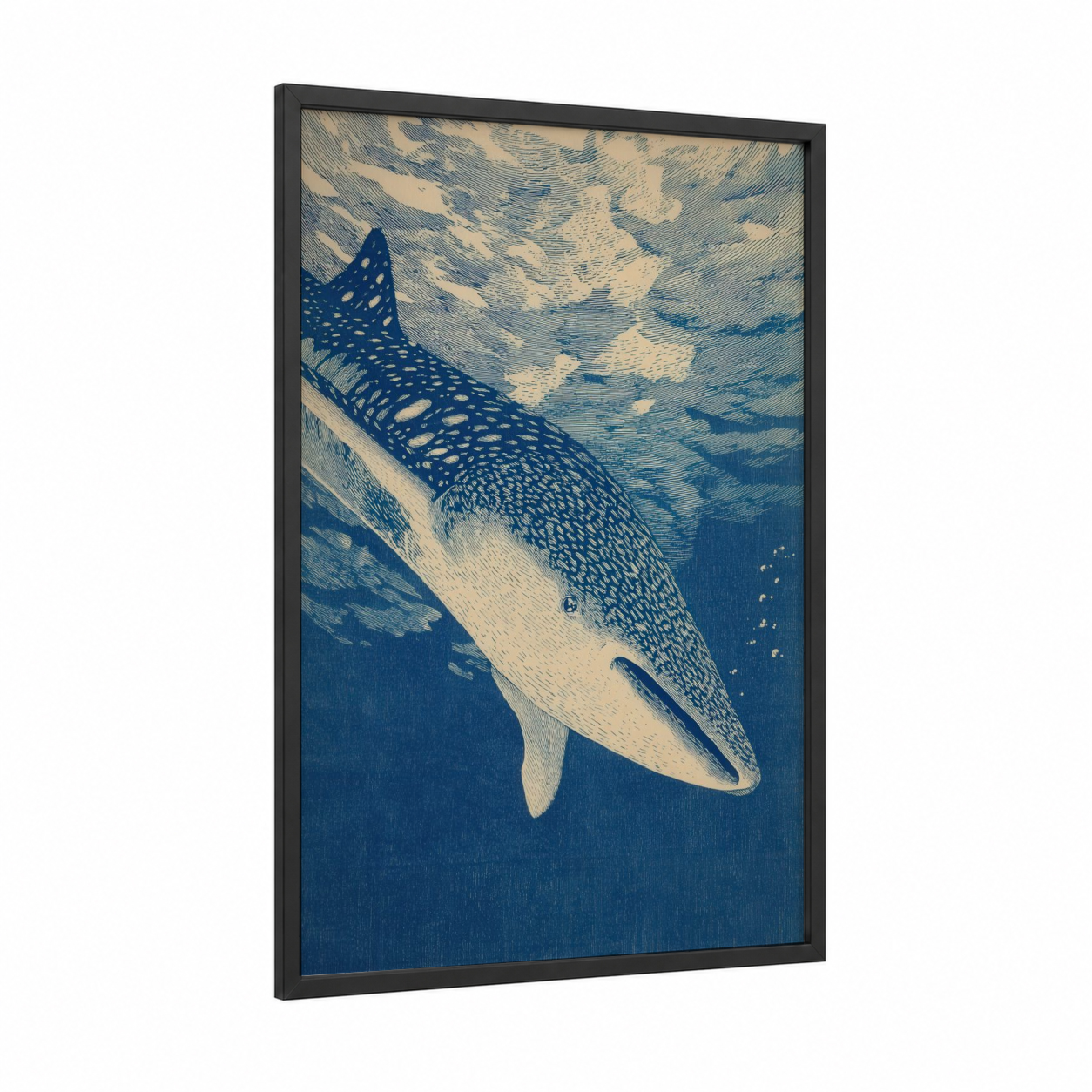 Whale Shark Ascent framed art print — black wood frame — blue and white and teal palette