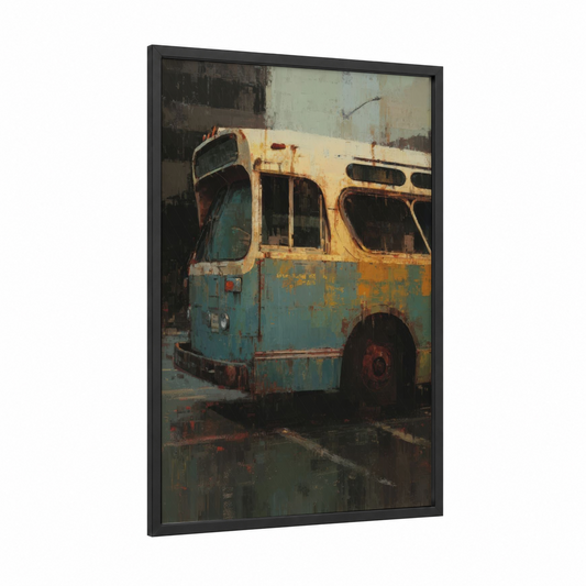 Weathered Urban Bus framed art print — black wood frame — teal and cream palette